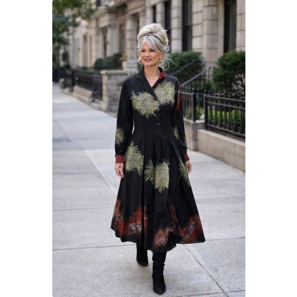 Vintage Black Crepe Midi Tailored Dress Abstract Brushstroke Print M L
